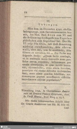 X. Wittenberg. 1791. In Charientismum Anacreontis ad Demetrii Phaleriei disciplinam, Aucht. Io. Christ. Henrici, Prof. Eloq. 4. 24 S.