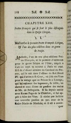 Chapitre XIII. Poëtes François qui se sont le plus distingués dans la Poësie Lirique.