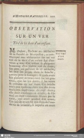 Observation Sur Un Ver Tiré de la dent d'un enfant