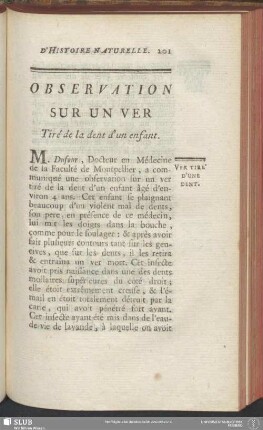 Observation Sur Un Ver Tiré de la dent d'un enfant