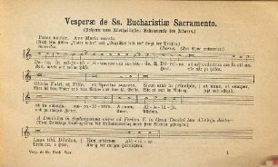 Vesperae de SS. Eucharistiae sacramento : die Votivvespern vom Allerheiligsten Altarssakramente nach dem römischen Vesperbuch in Violinschlüssel mit weißen Noten und einheitlicher Textunterlage der Psalmen