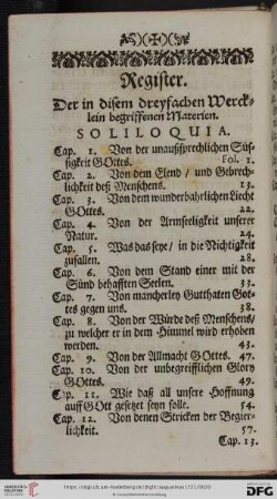Register der in disem dreyfachen Wercklein begriffenen Materien Soliloquia