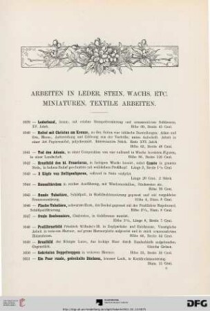 Arbeiten in Leder, Stein, Wachs etc. Miniaturen, Textile Arbeiten (Nr. 1039-1078)