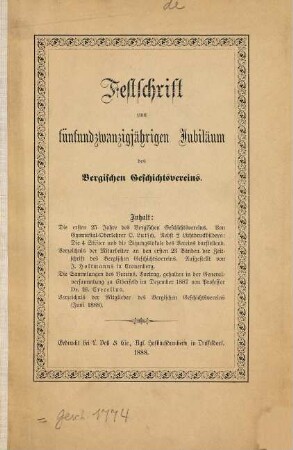 Festschrift zum fünfundzwanzigjährigen Jubiläum des Bergischen Geschichtsvereins