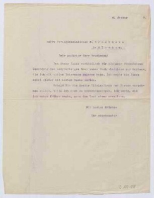 Schreiben an Verlagsbuchhändler H. Bruckmann (Brief)