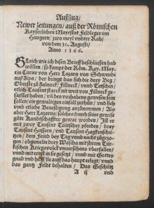 Außzug/ Newer zeitungen/ auß der Römischen Kayserlichen Mayestat Feldleger inn Hungern ...Anno 1566.