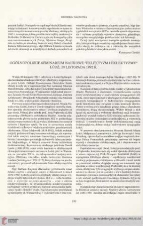 55: Ogólnopolskie seminarium naukowe "Eklektyzm i eklektyzmy" Łódź, 20 listopada 1992 r