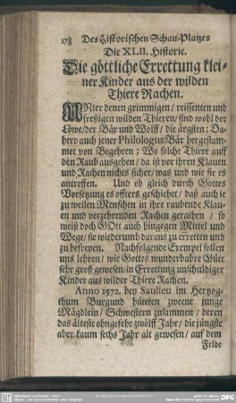 Die XLII. Historie. Die göttliche Errettung kleiner Kinder aus der wilden Thiere Rachen