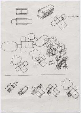 "Misawa Homes Prefabricated Housing International Design Competition 70", Mobilhaus (nicht realisiert), 4. Preis – Schematische Darstellung, Grundrisse der Entwicklungsphasen. Misawa/Japan