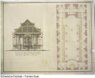 Dresden, Dreikönigskirche. Querschnitt mit Blick zur Orgel und Emporengrundriß, Blatt 16 : Dreikönigskirche, 1732