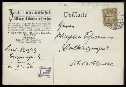Brief von Heinrich Sohnrey an Wilhelm Schwaner