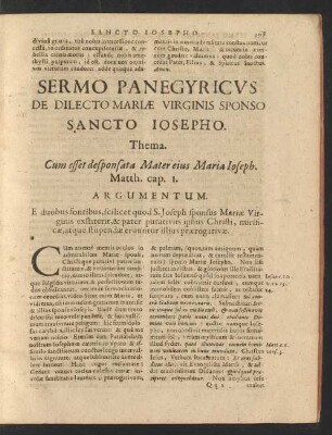 Sermo Panegyricus De Dilecto Mariae Virginis Sponso Sancto Iosepho.