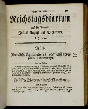 Reichstagsdiarium auf die Monate Julius August und September. 1784.