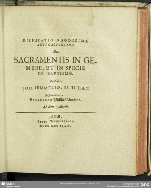 Disputatio Duodecima Anti-Calviniana, Sacramentis In Genere, Et In Specie De Baptismo