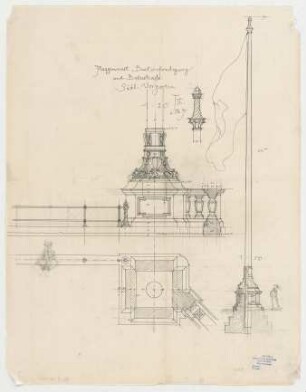 Thiersch, Friedrich von; München; Justizpalast - Flaggenmast (Ansicht, Schnitt); Balustrade Vorgarten Süd (Teilansichten); Beeteinfriedigung (Grundriss)
