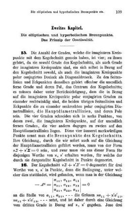 Zweites Kapitel. Die elliptischen und hyperbolischen Brennpunkte. Das Prinzip der Continuität.
