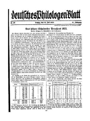 Das höhere Schulwesen Preußens 1933 : weiterer Rückgang der Gesamtschüler- und Klassenzahlen