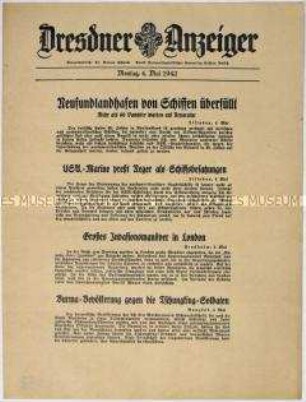 Nachrichtenblatt "Dresdner Anzeiger" u.a. zur Besatzung nordamerikanischer Handelsschiffe