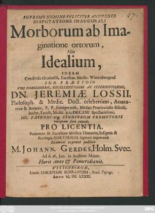 Disputatione Inaugurali Morborum ab Imaginatione ortorum, Aliis Idealium