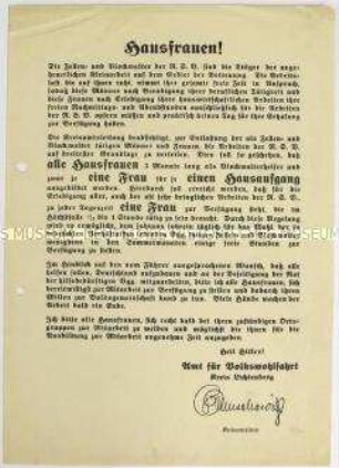 Flugblatt mit einem Aufruf der Volkswohlfahrt an die Hausfrauen, die Zellen- und Blockwalter der NSV bei ihrer Arbeit zu unterstützen