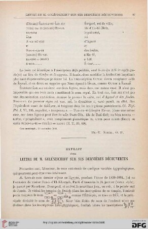 15: Extrait d'une lettre de M. Golénischeff sur ses dernières découvertes