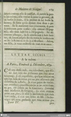 Lettre CCCXCI. A la même. A Paris, Vendredi 8. Décembre, 1679