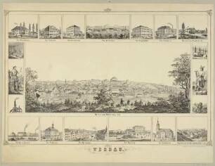 Bilderbogen mit einer großen Stadtansicht von Werdau im Westerzgebirge und 19 kleineren Anichten von Gebäuden und Gegenden in Werdau und Umgebung