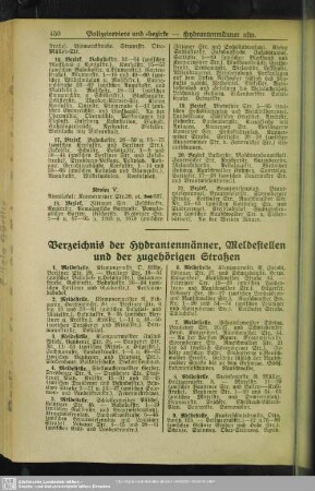 Verzeichnis der Hydrantenmänner, Meldestellen und der zugehörigen Straßen