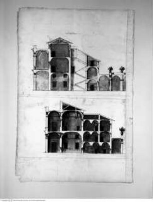 Album des Orazio Grassi, Schnitt durch einen Gebäudetrakt zwischen zwei Höfen