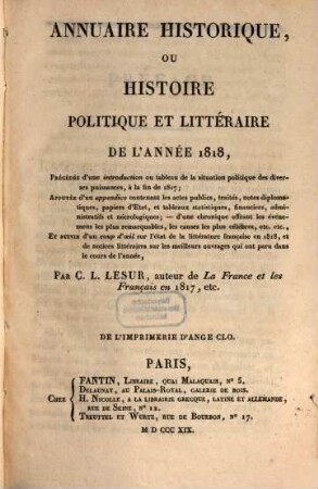 Annuaire historique ou histoire politique et littéraire : pour l'année ..., 1818 (1819)