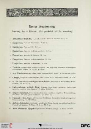 Erster Auctionstag. Dienstag, den 4. Februar 1902, pünktlich 10 Uhr Vormittag (Nr. 1-185)