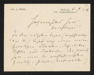 Brief von Ismar Boas an Gerhart Hauptmann
