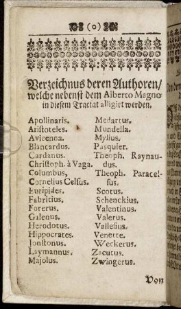 Verzeichnus deren Authoren / welche nebenst dem Alberto Magno in diesem Tractat alligirt werden