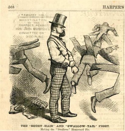 The "Short-Hair" and "Swallow-Tail fight". Making the "Swallows" Homeward Fly : John Morrissey krempelt die Ärmel hoch, um sich auf einen Boxkampf vorzubereiten. Seine Gegner fliehen vor ihm