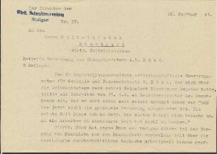 Schreiben der Direktion der Naturaliensammlung Stuttgart an das Kultusministerium bezüglich Erkrankung des Oberpräparators Max Böck