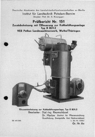 Zusatzbeheizung zur Kaltbelüftungsanlage Typ K 831.2