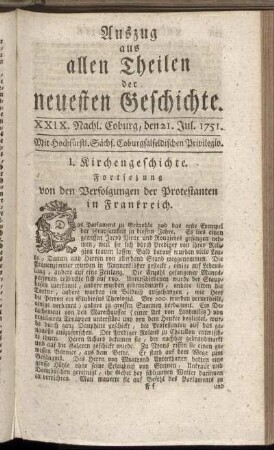 XXIX. Nachl. Coburg, den 21. Jul. 1751.