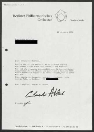 Brief an Emmanuele Baldini, 12.10.1992