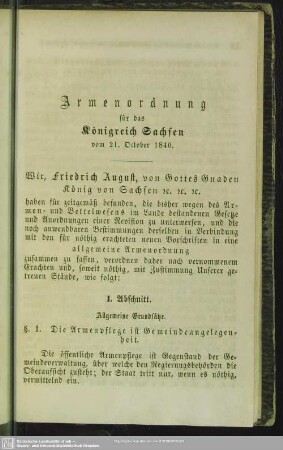 Armenordnung für das Königreich Sachsen vom 21. October 1840
