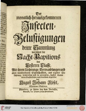 Titelblatt: Nacht=Papilions, Erste Klasse