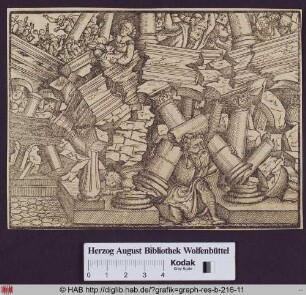 Samson läßt das Heiligtum der Philister einstürzen (Richter 16, 29).