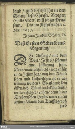 Deß Ersten Schreibens Gegensatz