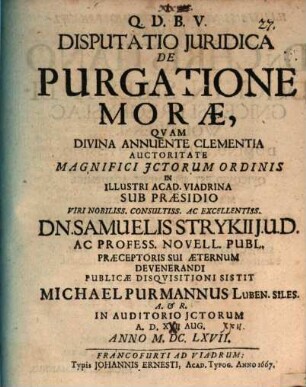 Disputatio Juridica De Purgatione Morae