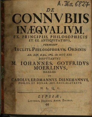 De Connvbiis Inaequalivm. Ex Principiis Philosophicis Et Ex Antiqvitatibvs.