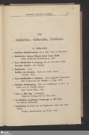 XIX. Schillerfeier, Festberichte, Tafellieder
