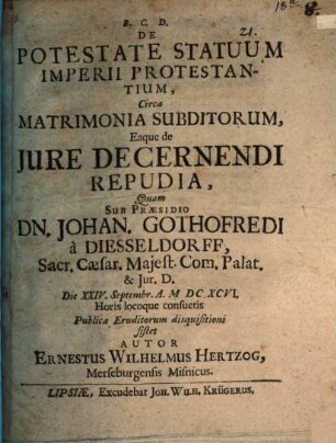 De Potestate Statuum Imperii Protestantium, Circa Matrimonia Subditorum, Eaque de Iure Decernendi Repudia