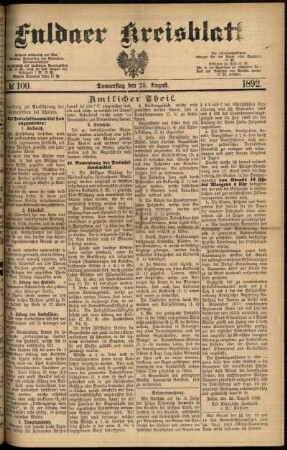 Erste Ausgabe vom Donnerstag, den 25. August 1892.