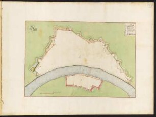 Festungsplan von Basel, 1: 6 000, kolorierter Handzeichnung, vor 1695 : Basel [Festungsplan] [1:6.000] / [Johann George Starck]. [S.l., S.a.].- [nach 1695] - 1 Plan : Handzeichng. - graphischer Maßstab (Baselische Schue). -43,0 x 29,0 cm. -