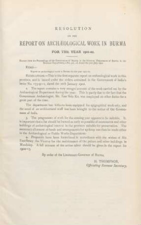 Resolution on the report on archaeological work in Burma for the year 1901-02