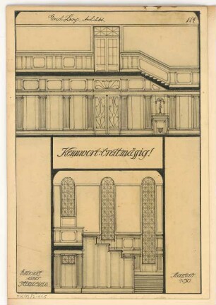 Gestaltung einer Hoteldiele Monatskonkurrenz Februar 1913: Wandaufriss Schmalseite, Längsseite 1:50